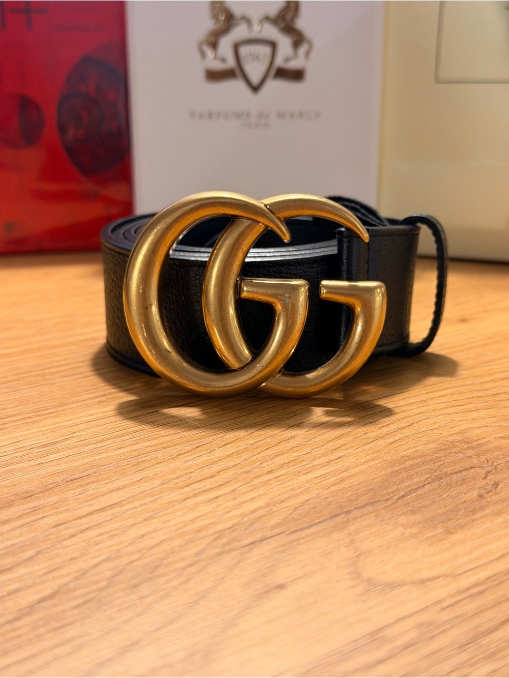 Gucci Black Leather Belt with Gold Double G Buckle